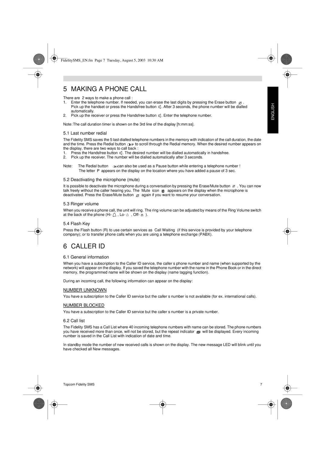 Topcom FIDELITY SMS user manual Making a Phone Call, Caller ID 