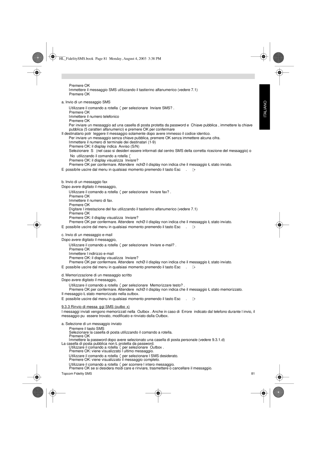 Topcom FIDELITY SMS user manual Invio di un messaggio SMS, Selezione di un messaggio inviato 