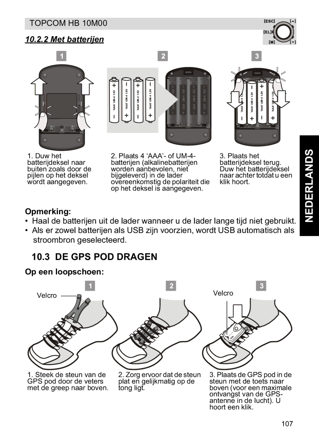 Topcom HB 10M00 manual DE GPS POD Dragen, Met batterijen, Op een loopschoen 