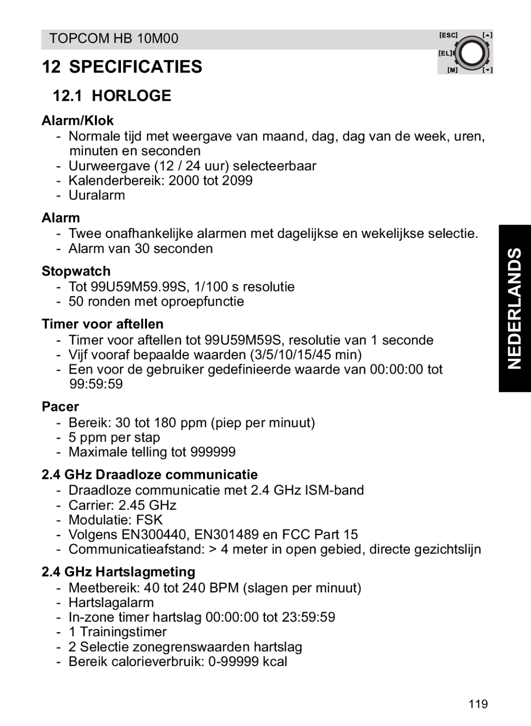 Topcom HB 10M00 manual Specificaties, Horloge 