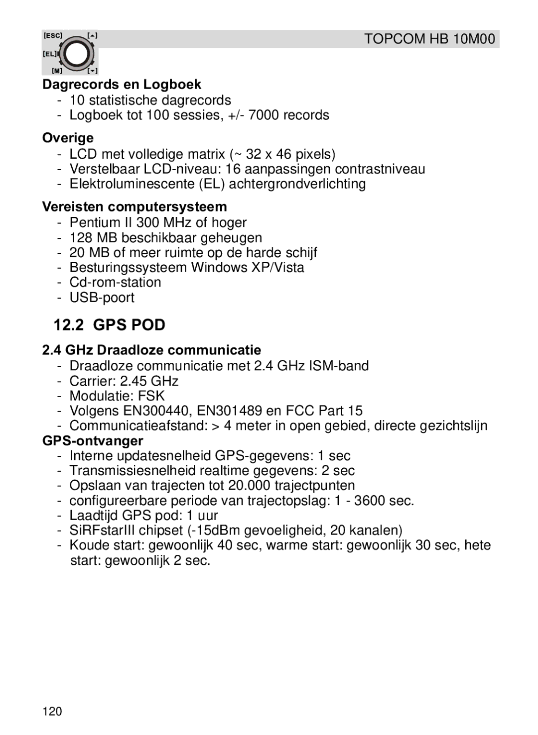 Topcom HB 10M00 manual Dagrecords en Logboek, Overige, Vereisten computersysteem, GPS-ontvanger 