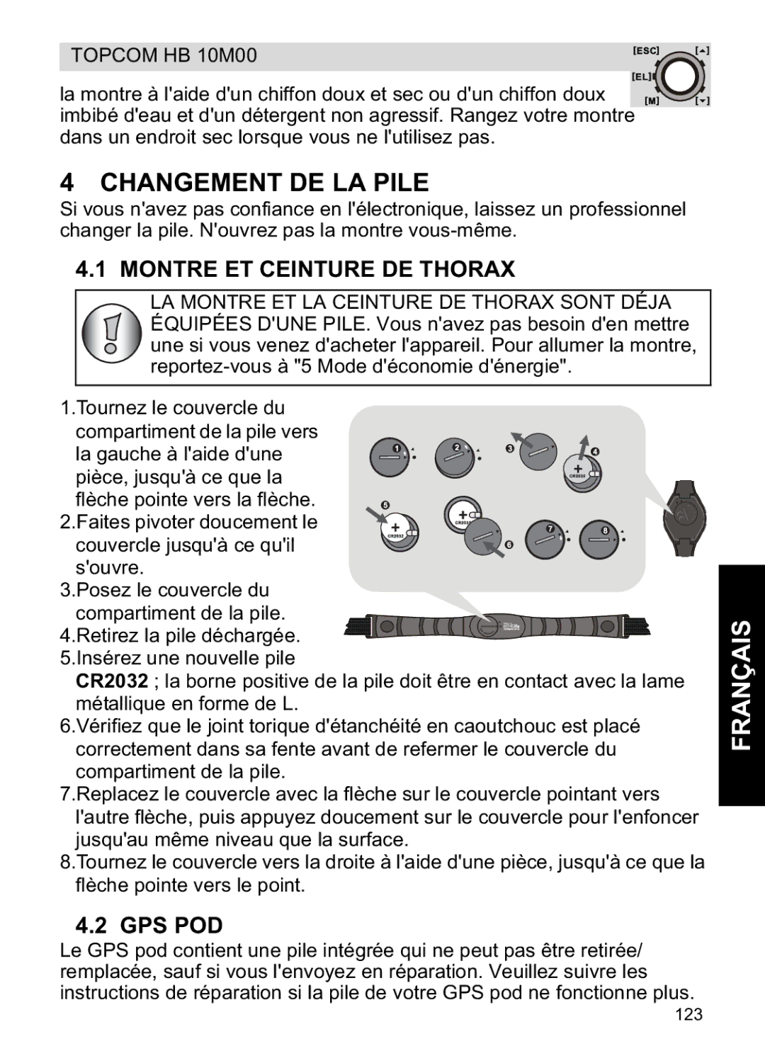 Topcom HB 10M00 manual Changement DE LA Pile, Montre ET Ceinture DE Thorax 