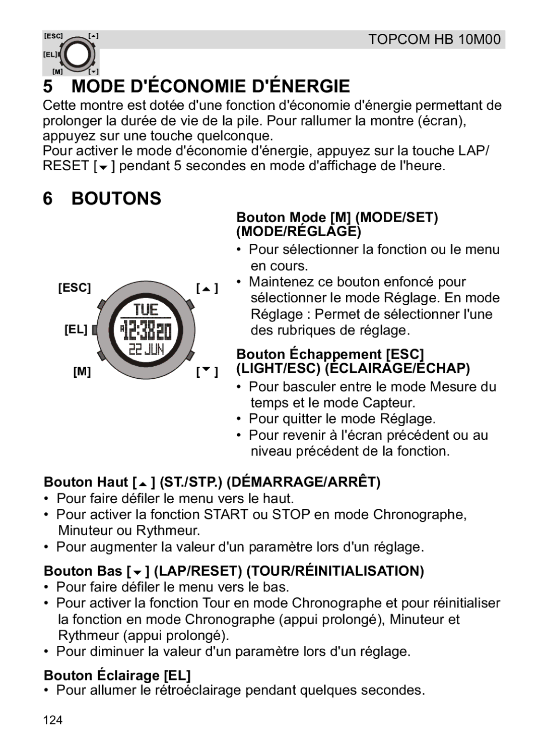 Topcom HB 10M00 manual Mode Déconomie Dénergie, Boutons 