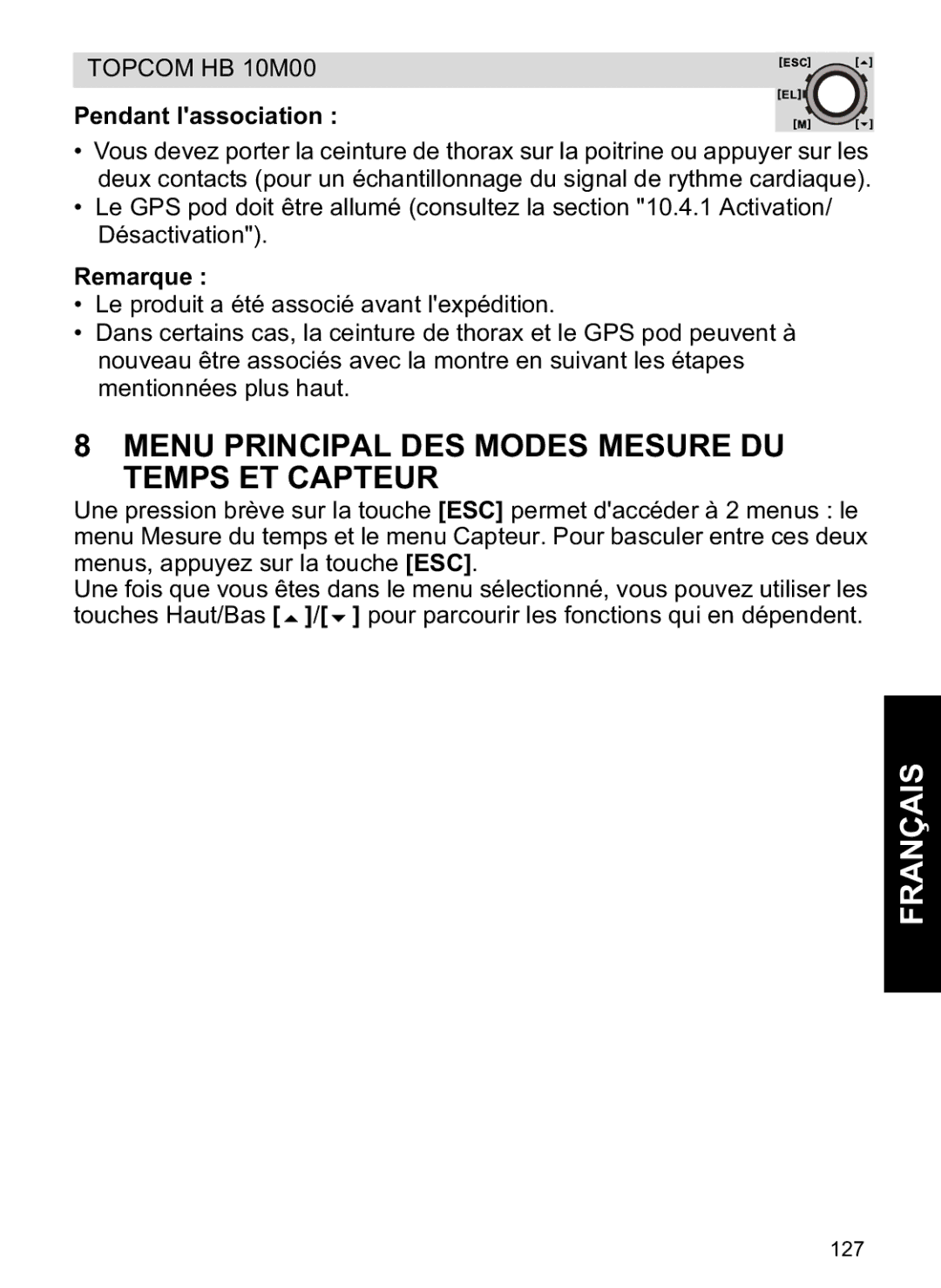 Topcom HB 10M00 manual Menu Principal DES Modes Mesure DU Temps ET Capteur, Pendant lassociation, Remarque 