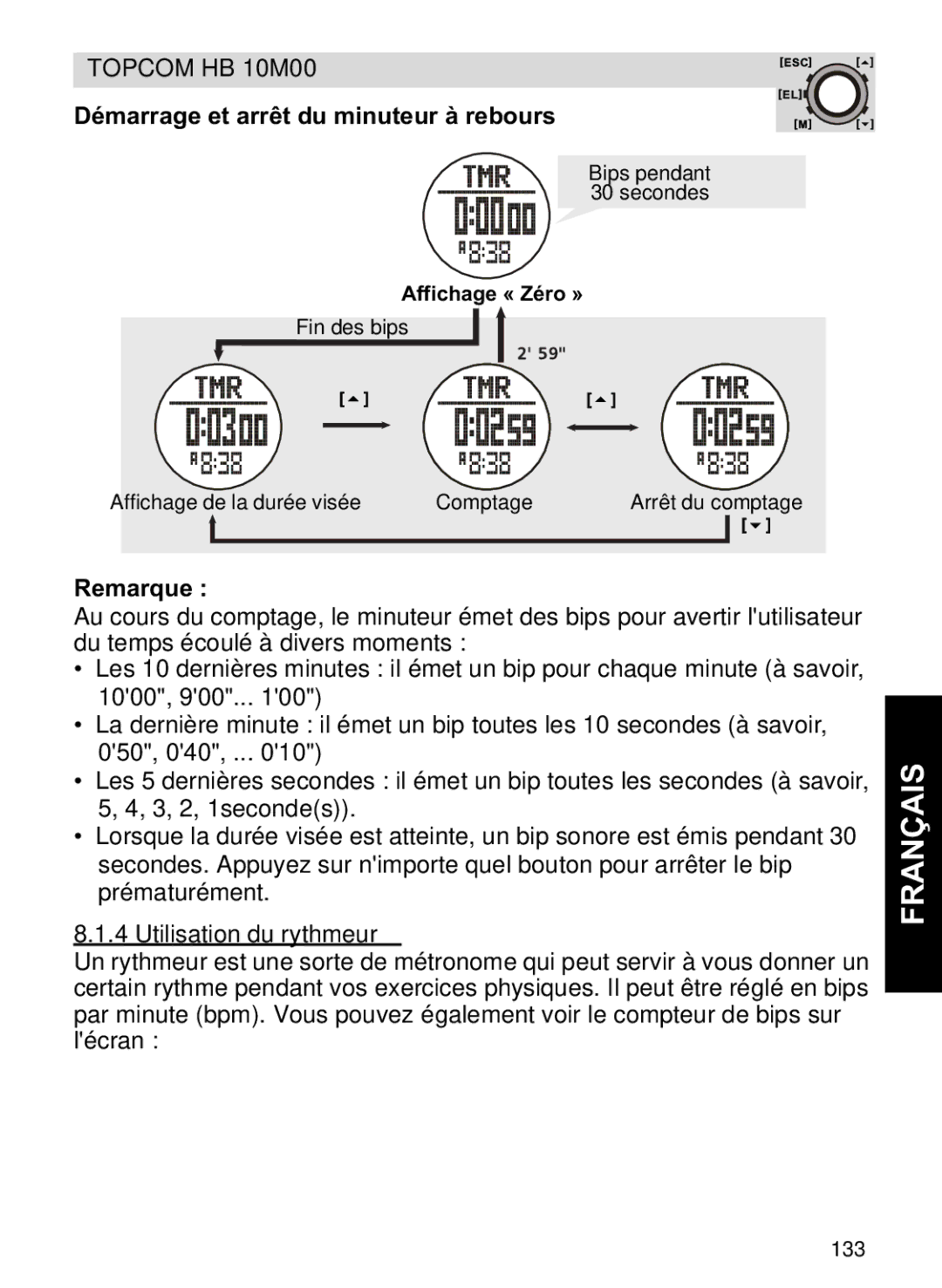 Topcom HB 10M00 manual Démarrage et arrêt du minuteur à rebours, Utilisation du rythmeur, Affichage « Zéro » 