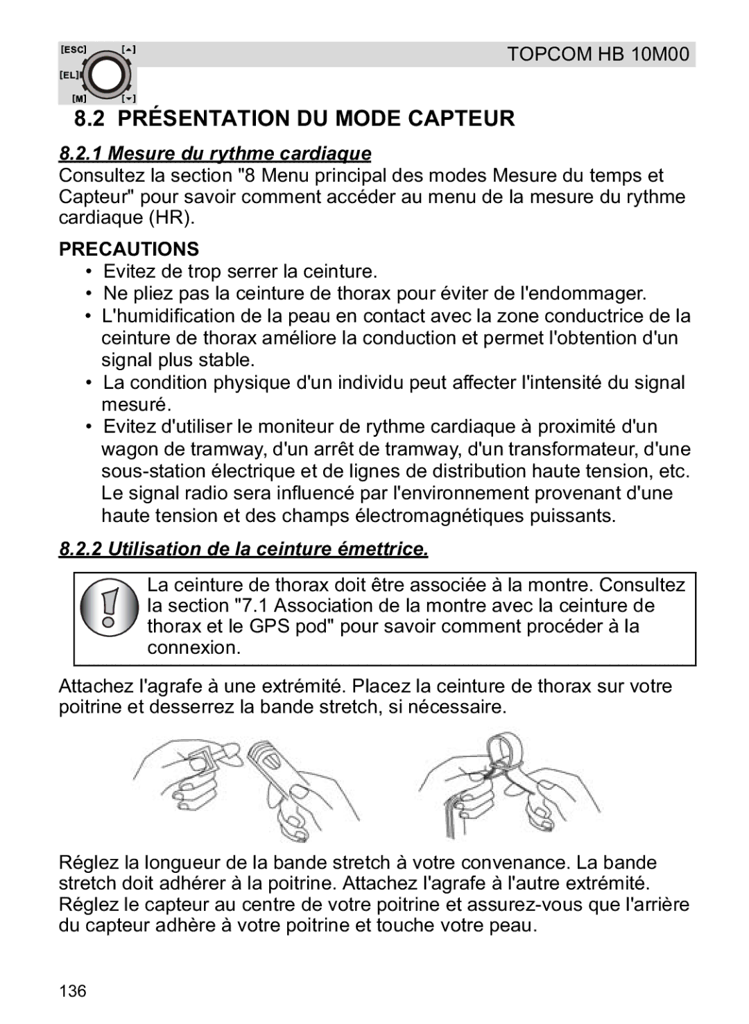 Topcom HB 10M00 manual Présentation DU Mode Capteur, Mesure du rythme cardiaque, Utilisation de la ceinture émettrice 