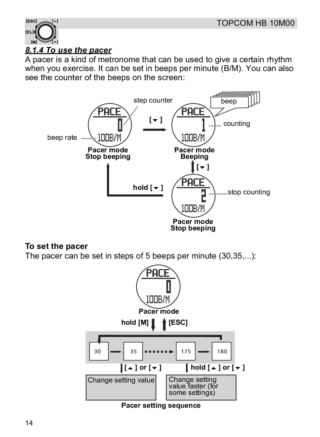 Topcom HB 10M00 manual To use the pacer, To set the pacer, Pacer mode Stop beeping Beeping Hold Stop counting 