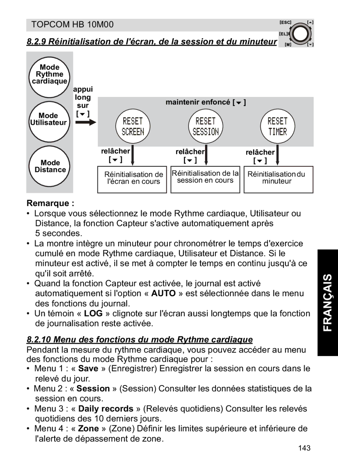 Topcom HB 10M00 9 Réinitialisation de lécran, de la session et du minuteur, Menu des fonctions du mode Rythme cardiaque 