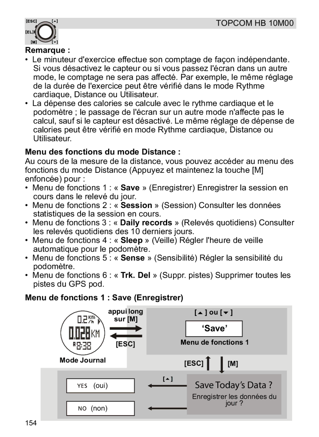 Topcom HB 10M00 manual Menu des fonctions du mode Distance, Menu de fonctions 1 Save Enregistrer 