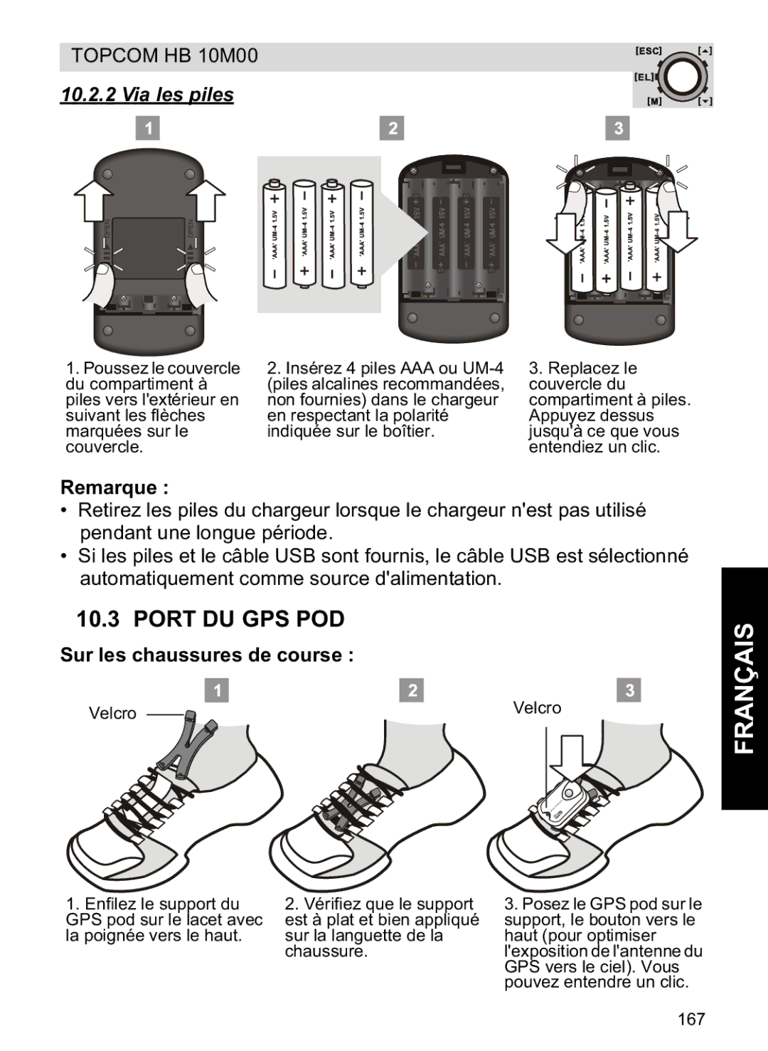 Topcom HB 10M00 manual Port DU GPS POD, Via les piles, Sur les chaussures de course 