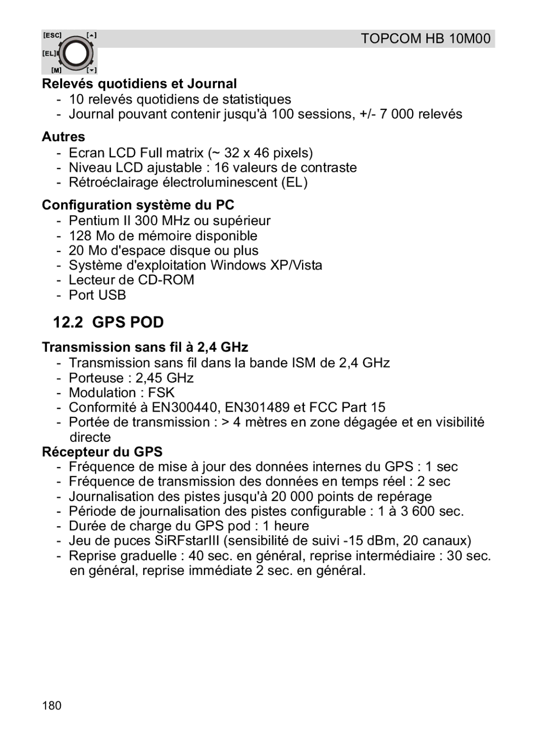 Topcom HB 10M00 manual Relevés quotidiens et Journal, Autres, Configuration système du PC, Récepteur du GPS 