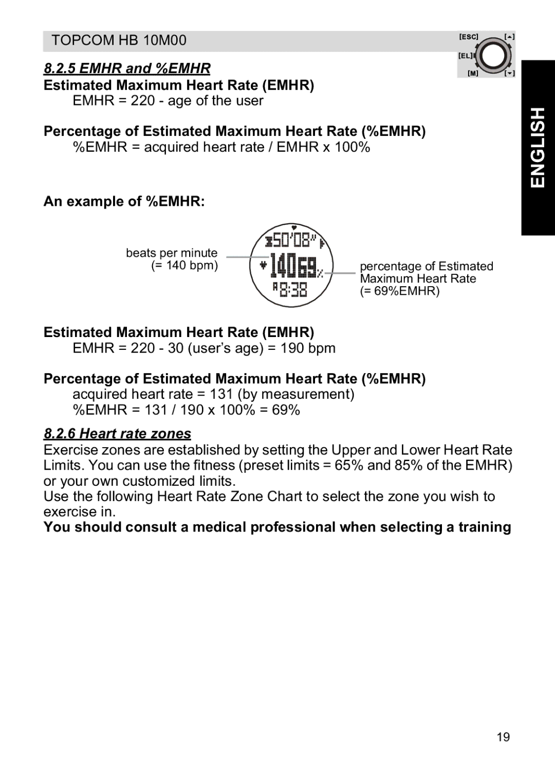 Topcom HB 10M00 manual Emhr and %EMHR, Estimated Maximum Heart Rate Emhr, Percentage of Estimated Maximum Heart Rate %EMHR 