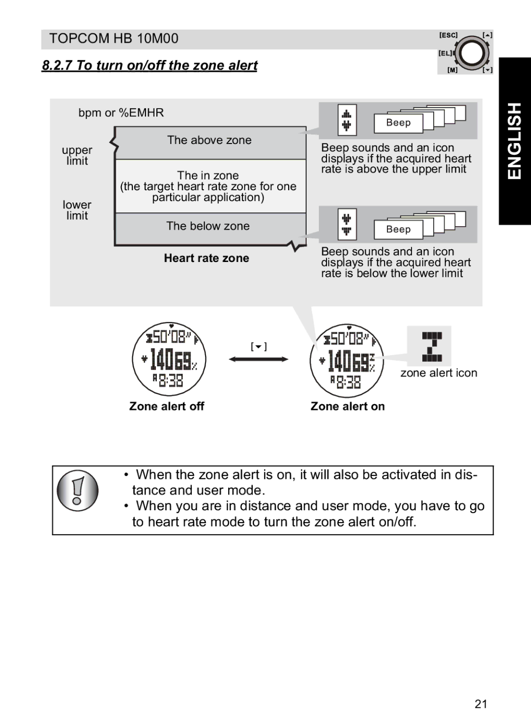 Topcom HB 10M00 manual To turn on/off the zone alert, Zone alert off Zone alert on 