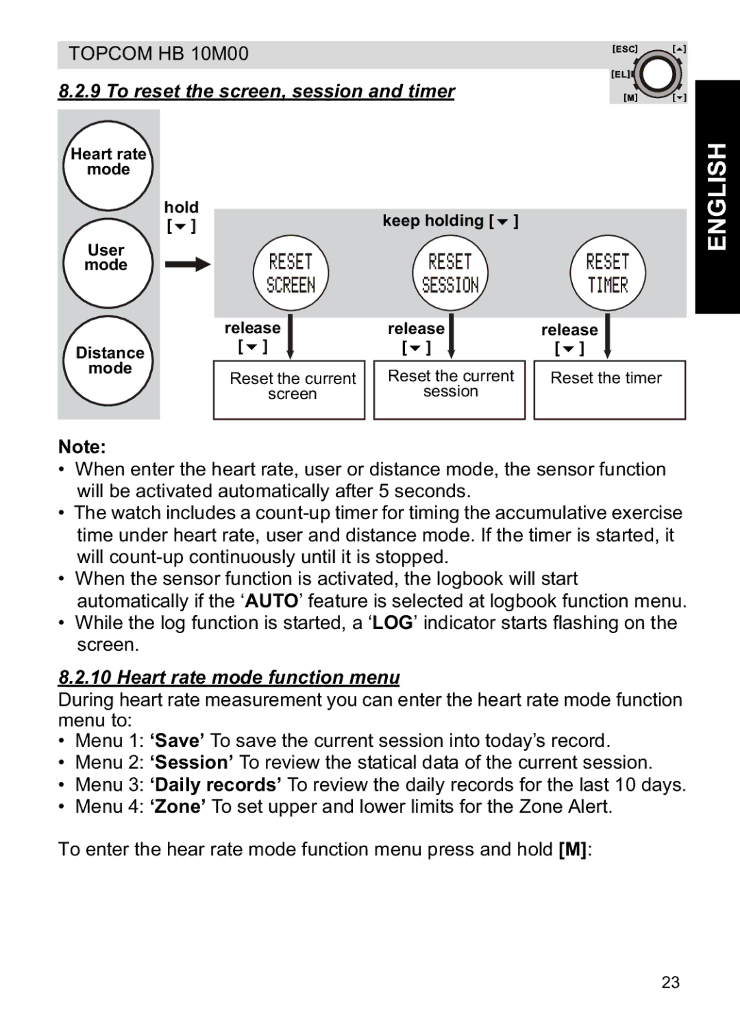 Topcom HB 10M00 manual To reset the screen, session and timer, Heart rate mode function menu 