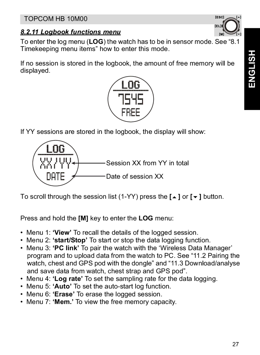 Topcom HB 10M00 manual Logbook functions menu 