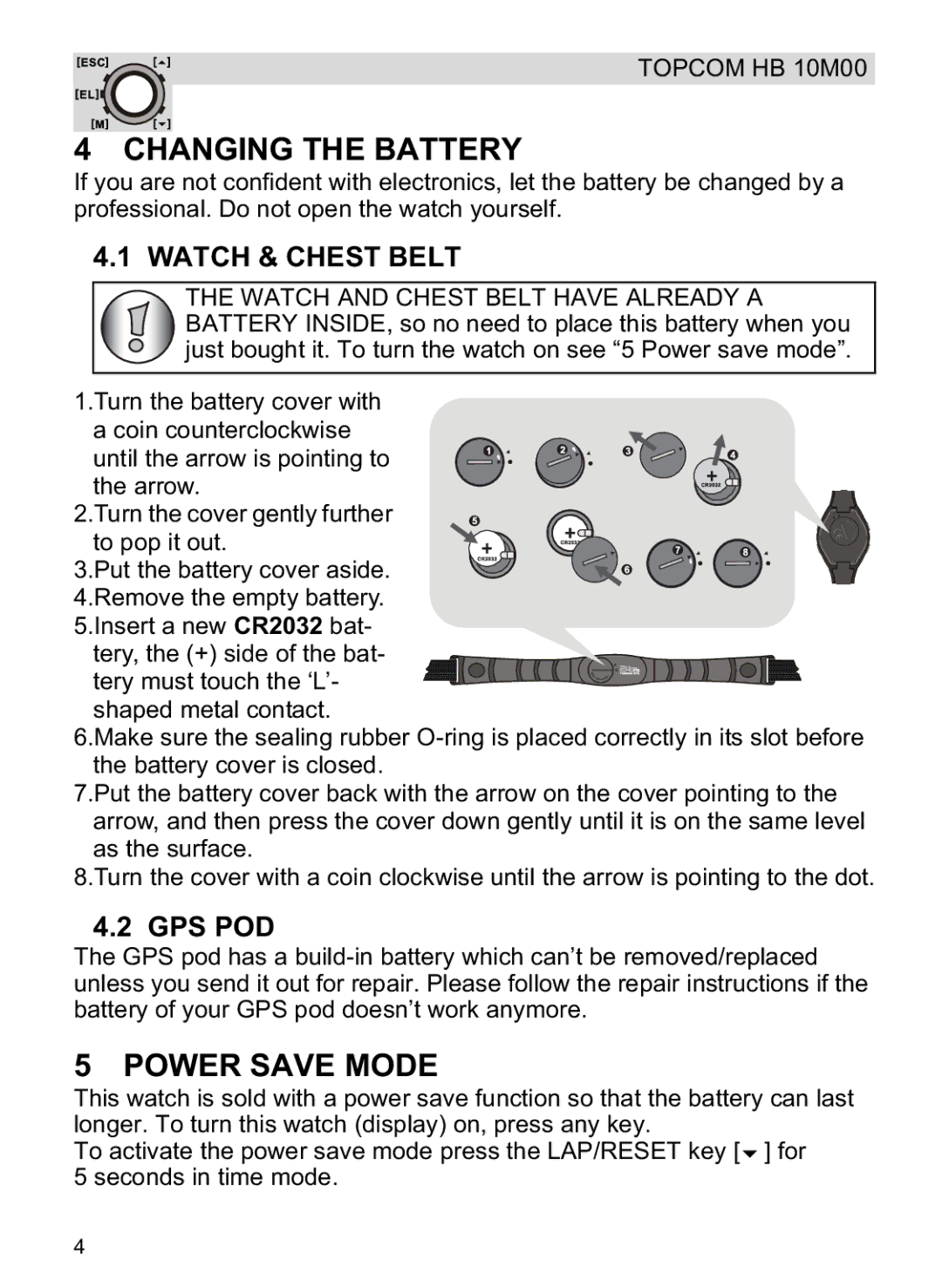 Topcom HB 10M00 manual Changing the Battery, Power Save Mode, Watch & Chest Belt, Gps Pod 