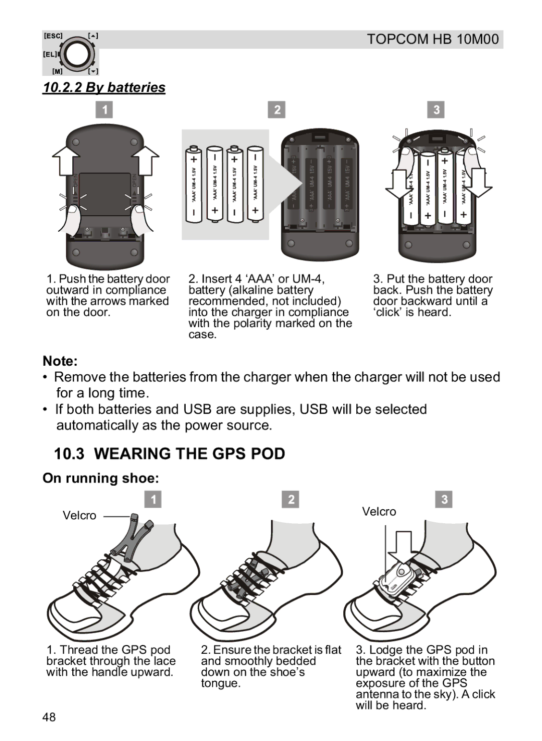 Topcom HB 10M00 manual Wearing the GPS POD, By batteries, On running shoe 