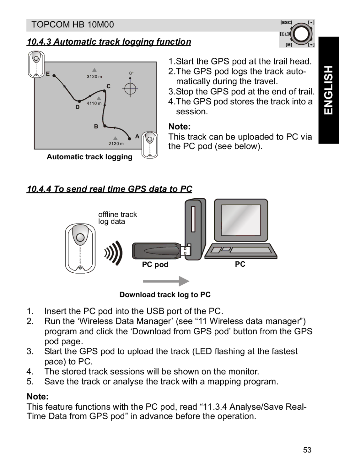 Topcom HB 10M00 manual Automatic track logging function, To send real time GPS data to PC, PC pod Download track log to PC 