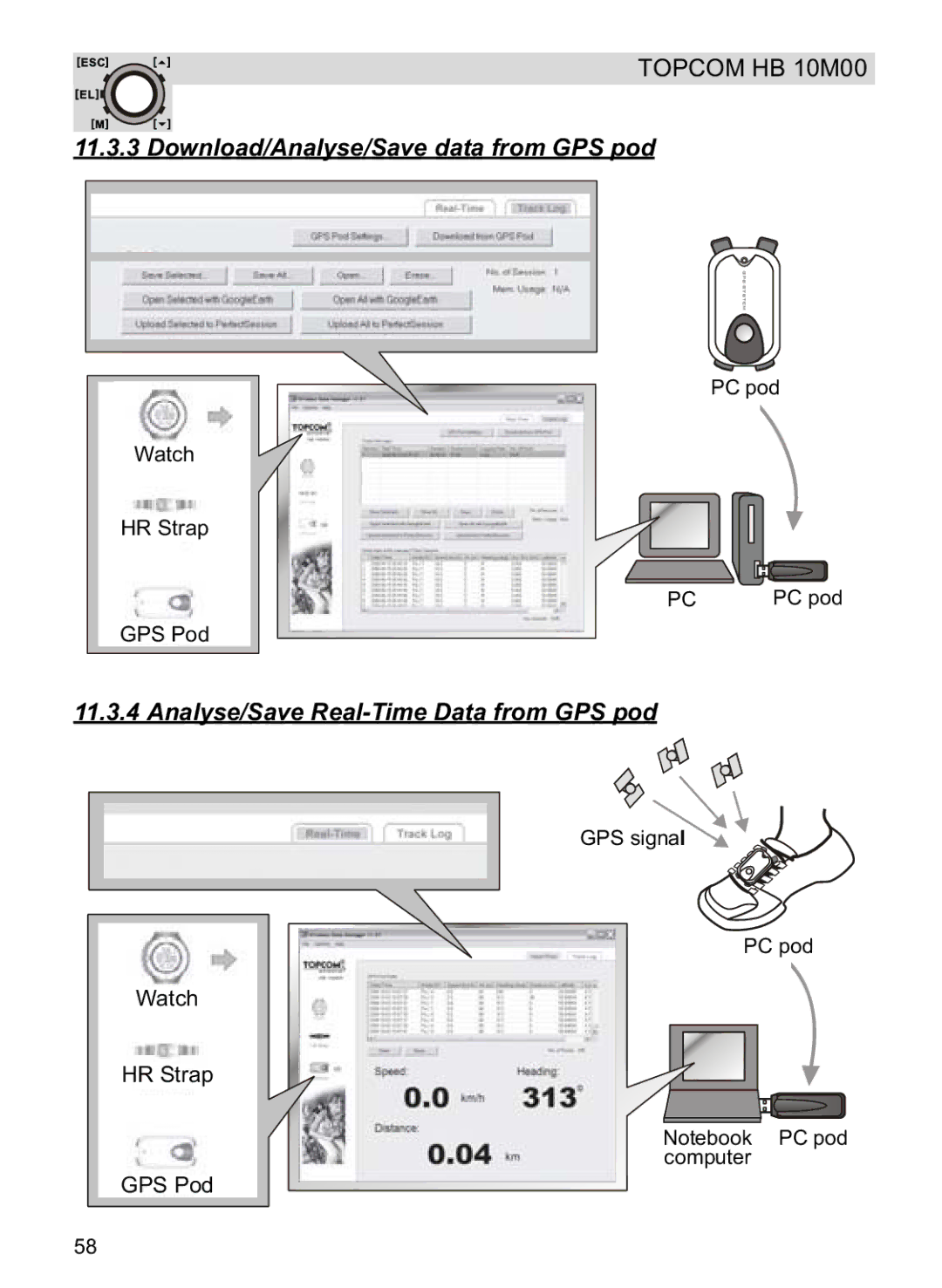 Topcom HB 10M00 manual Download/Analyse/Save data from GPS pod, Analyse/Save Real-Time Data from GPS pod 