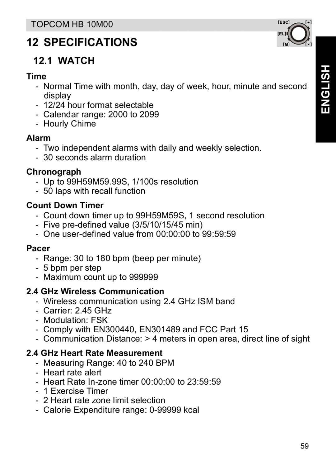 Topcom HB 10M00 manual Specifications 