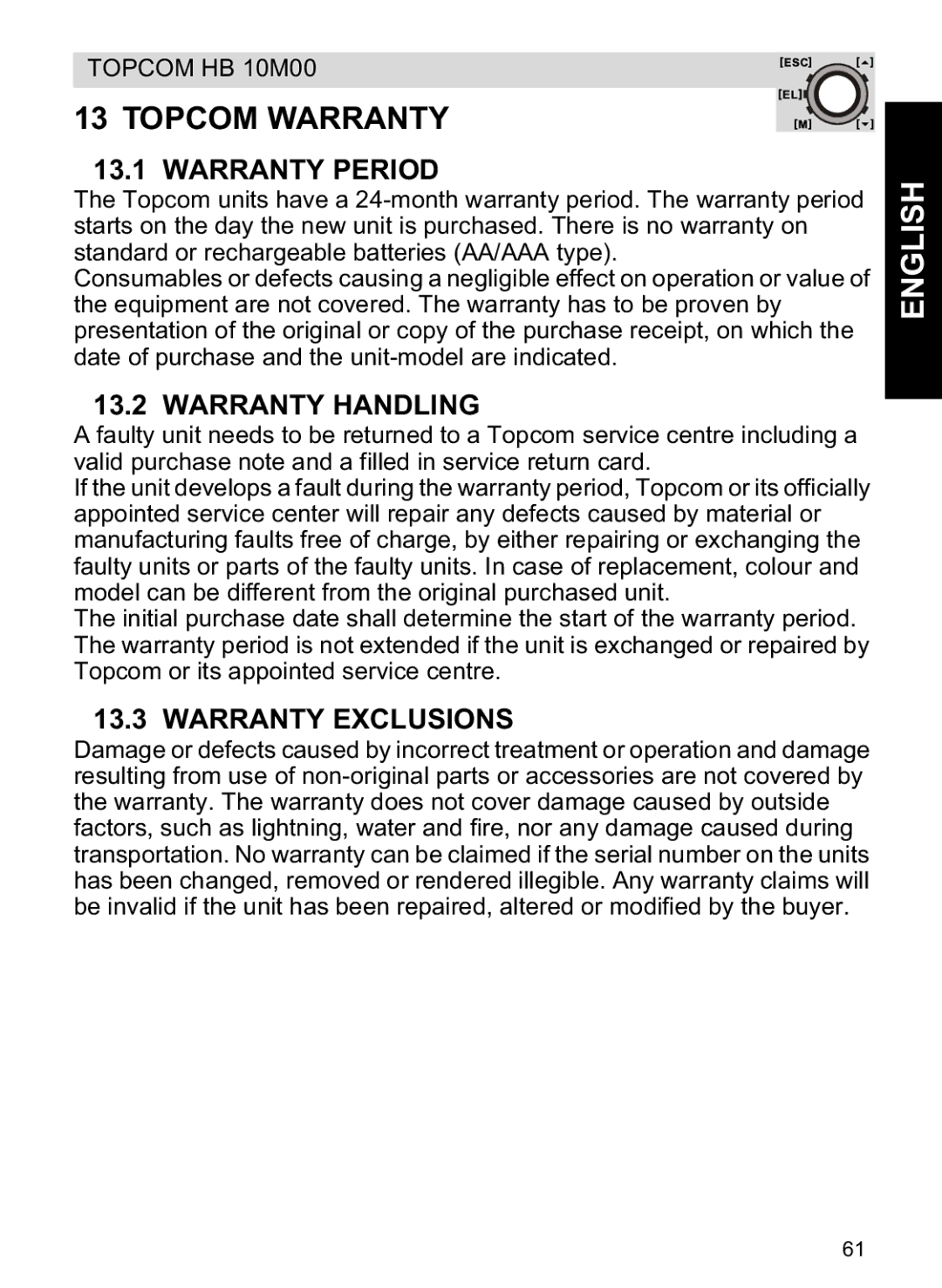 Topcom HB 10M00 manual Topcom Warranty, Warranty Period, Warranty Handling, Warranty Exclusions 