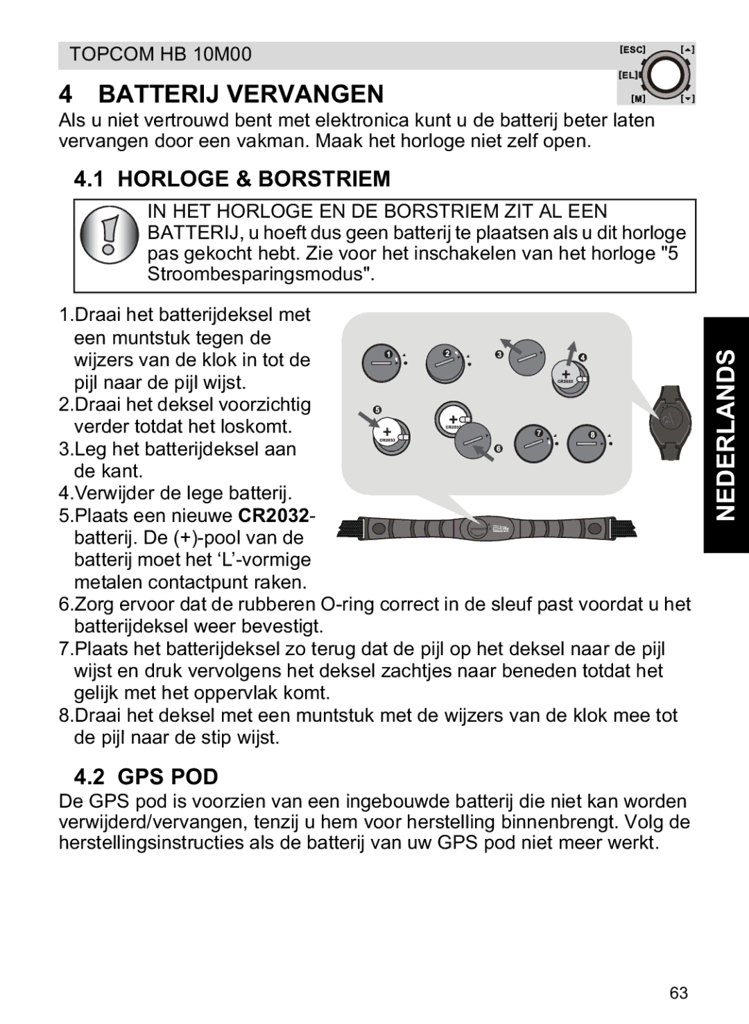 Topcom HB 10M00 manual Batterij Vervangen, Horloge & Borstriem 