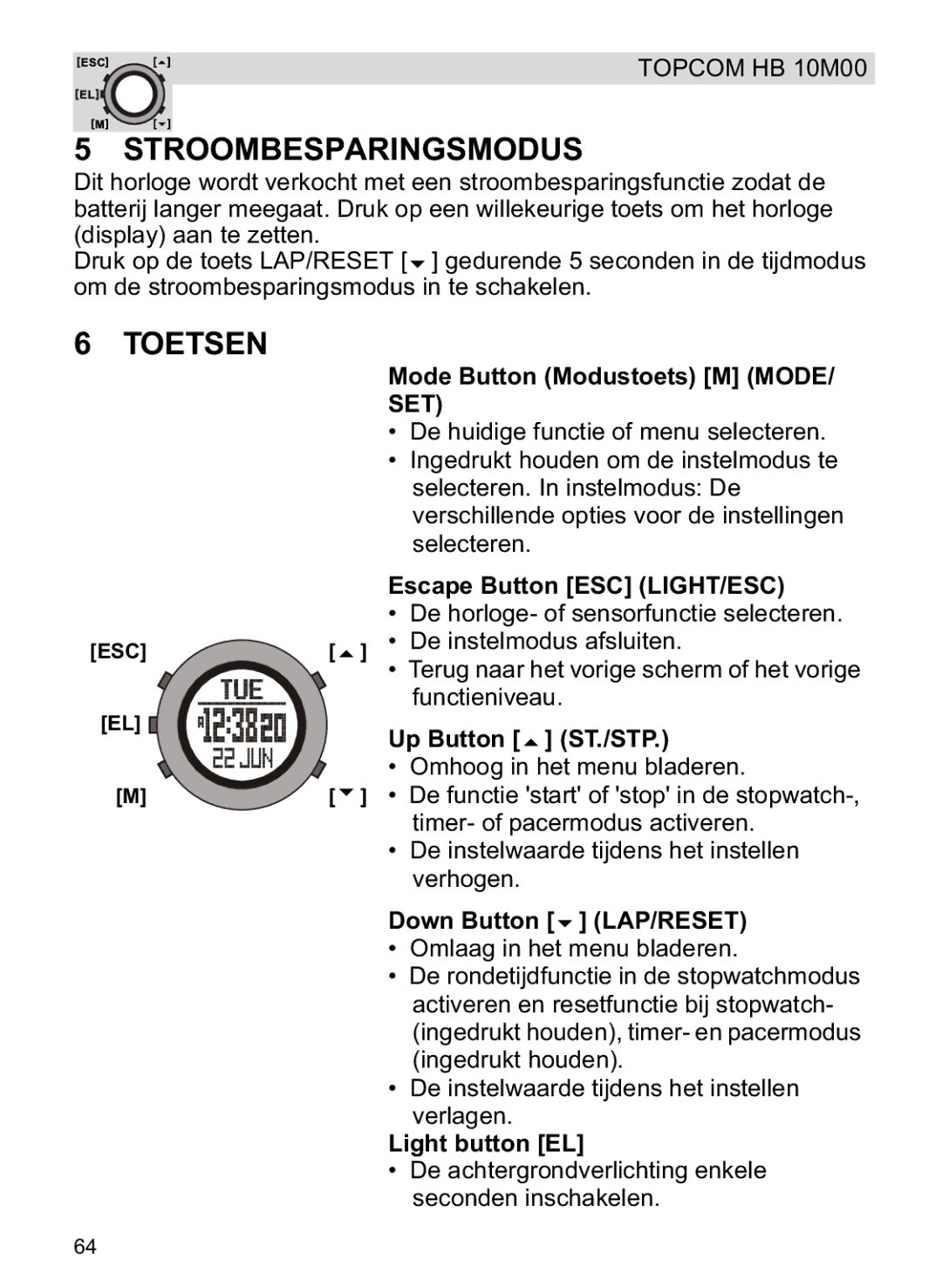 Topcom HB 10M00 manual Stroombesparingsmodus, Toetsen, Mode Button Modustoets M MODE/ SET 