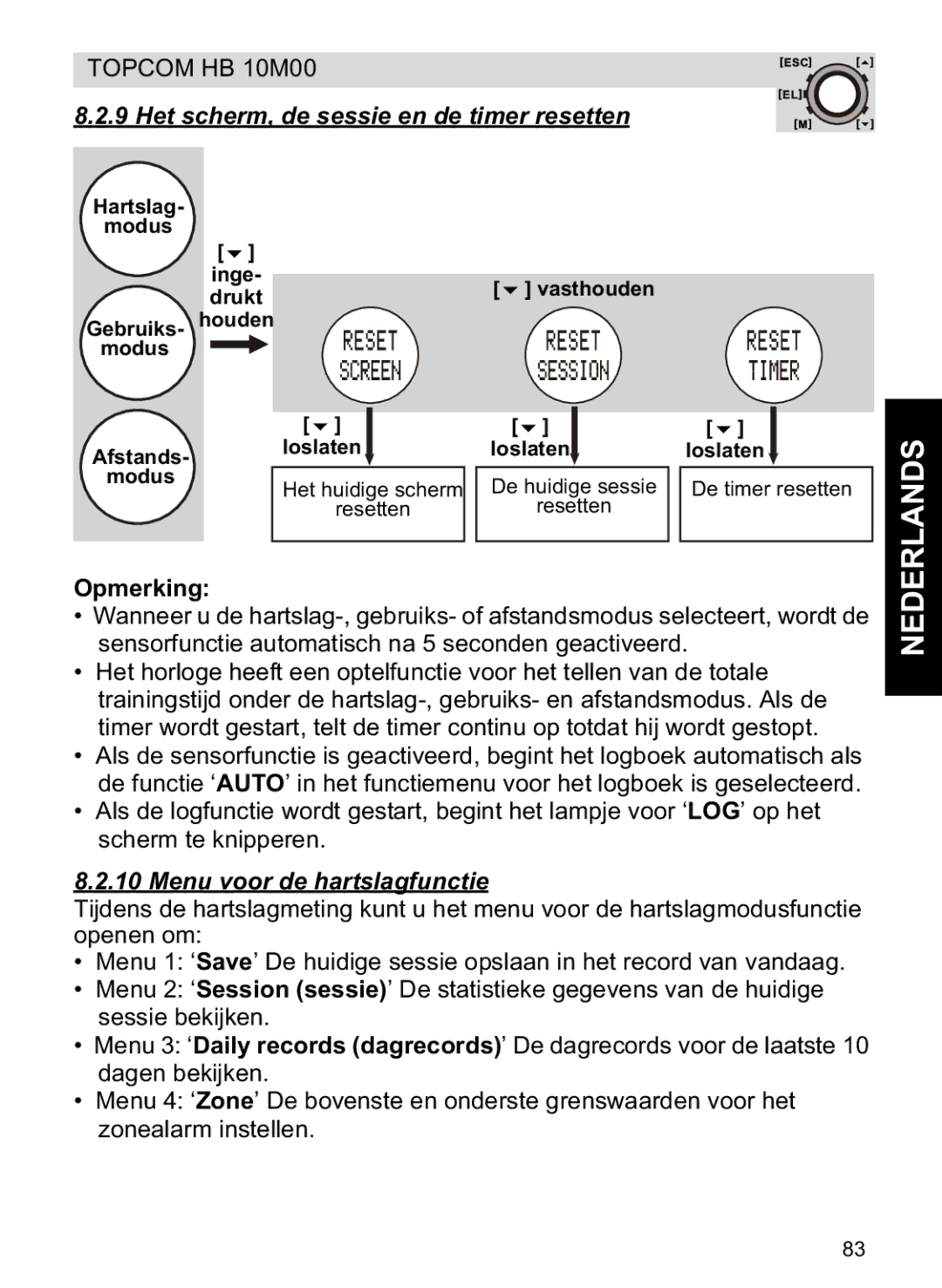 Topcom HB 10M00 manual Het scherm, de sessie en de timer resetten, Menu voor de hartslagfunctie 