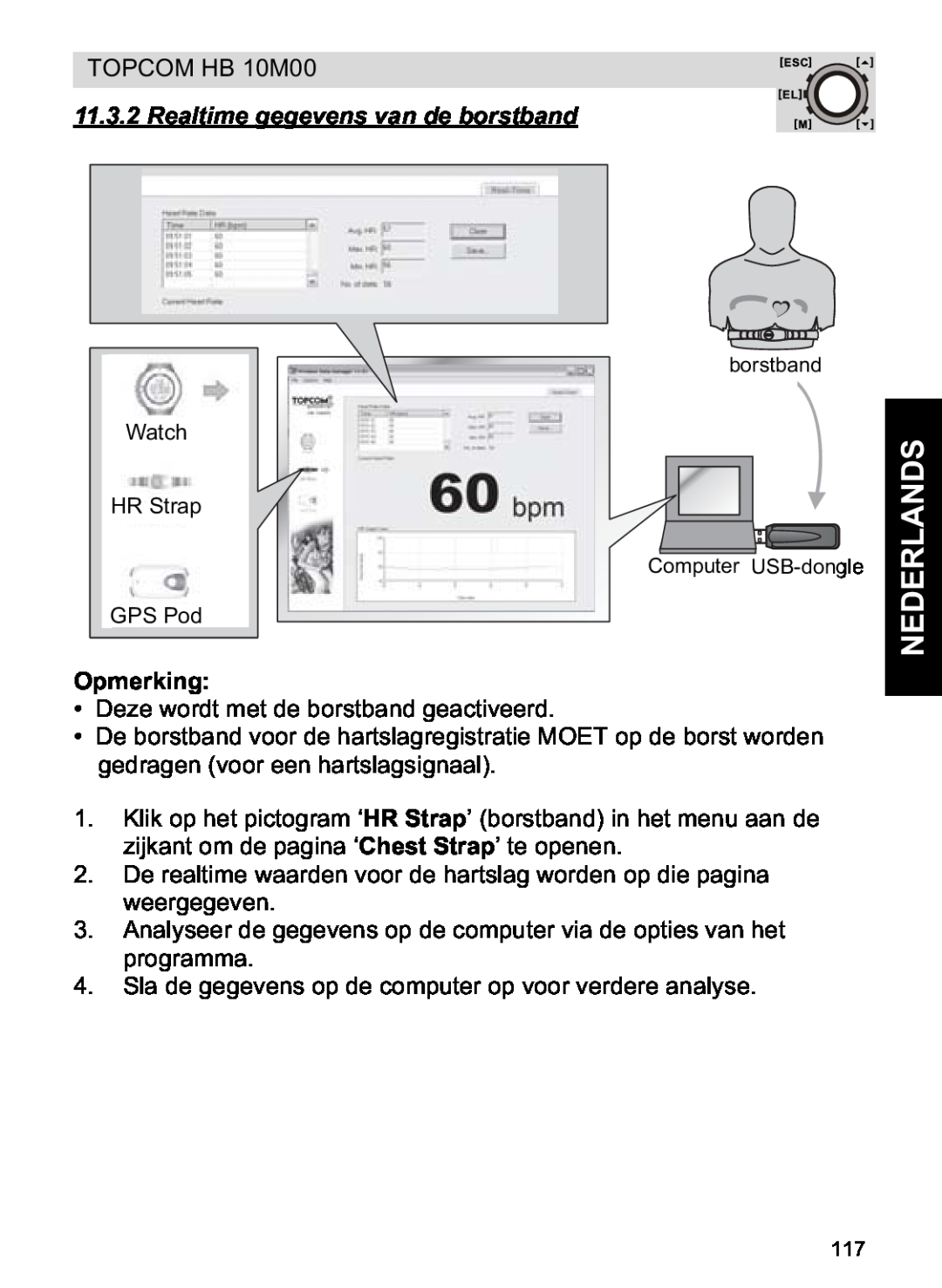 Topcom HB 10M00 manual Realtime gegevens van de borstband, Nederlands, Opmerking 
