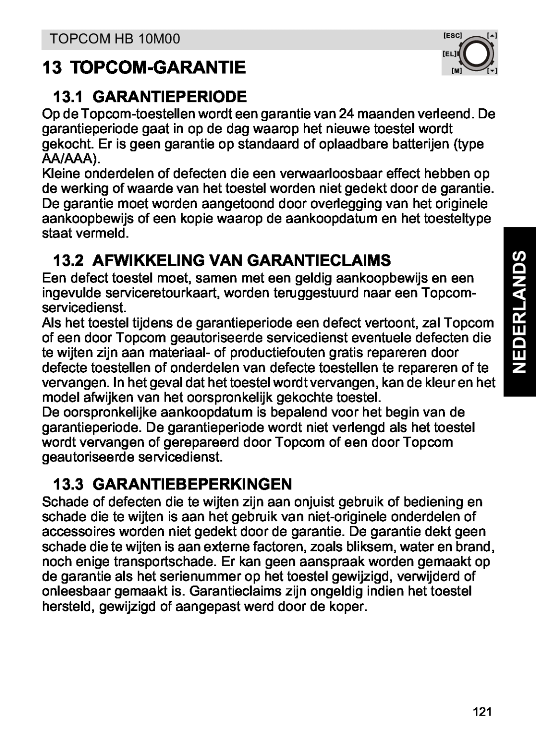 Topcom HB 10M00 manual Topcom-Garantie, Garantieperiode, Afwikkeling Van Garantieclaims, Garantiebeperkingen, Nederlands 