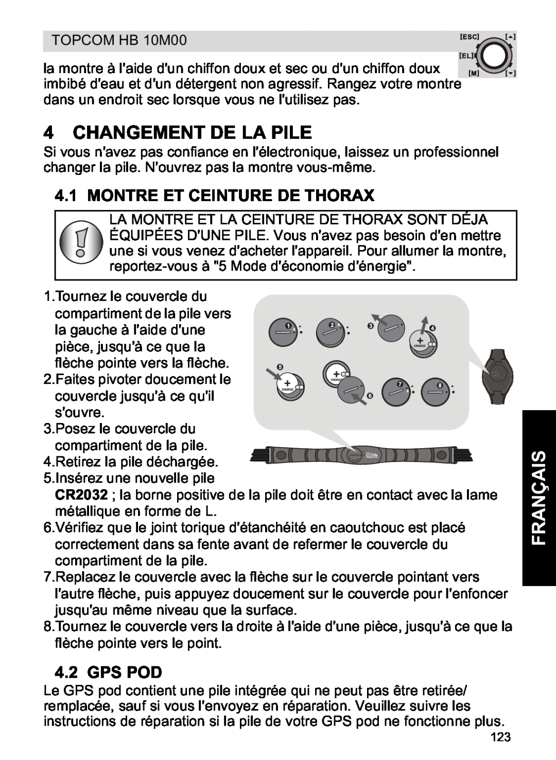 Topcom HB 10M00 manual Changement De La Pile, Français, Montre Et Ceinture De Thorax, Gps Pod 