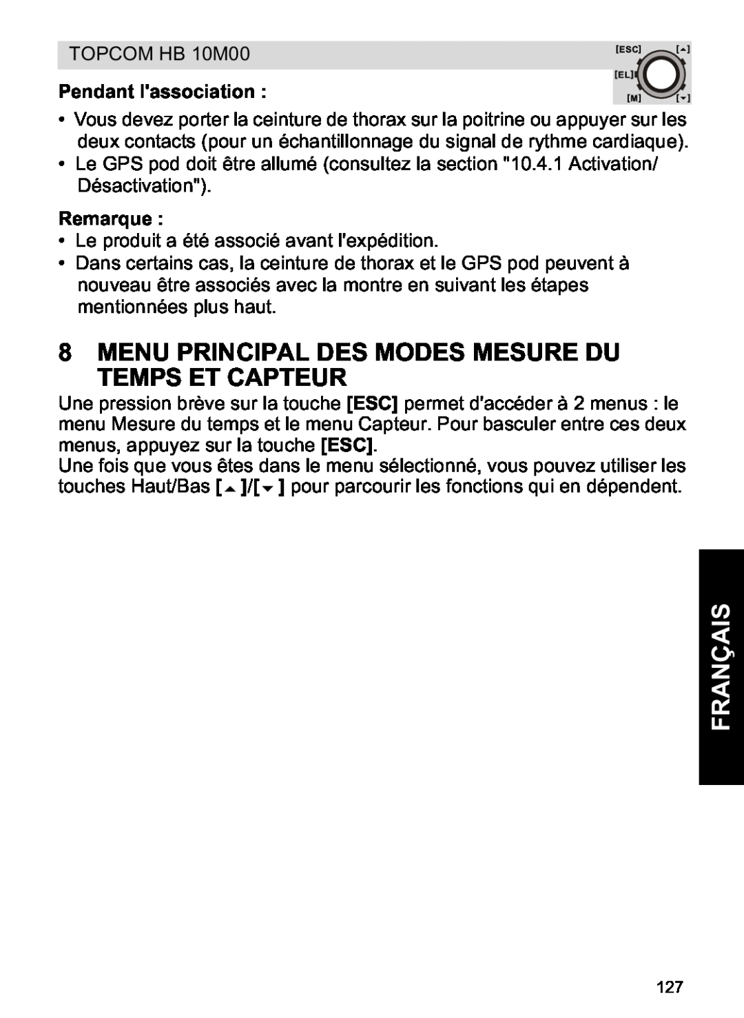 Topcom HB 10M00 manual Menu Principal Des Modes Mesure Du Temps Et Capteur, Pendant lassociation, Remarque, Français 