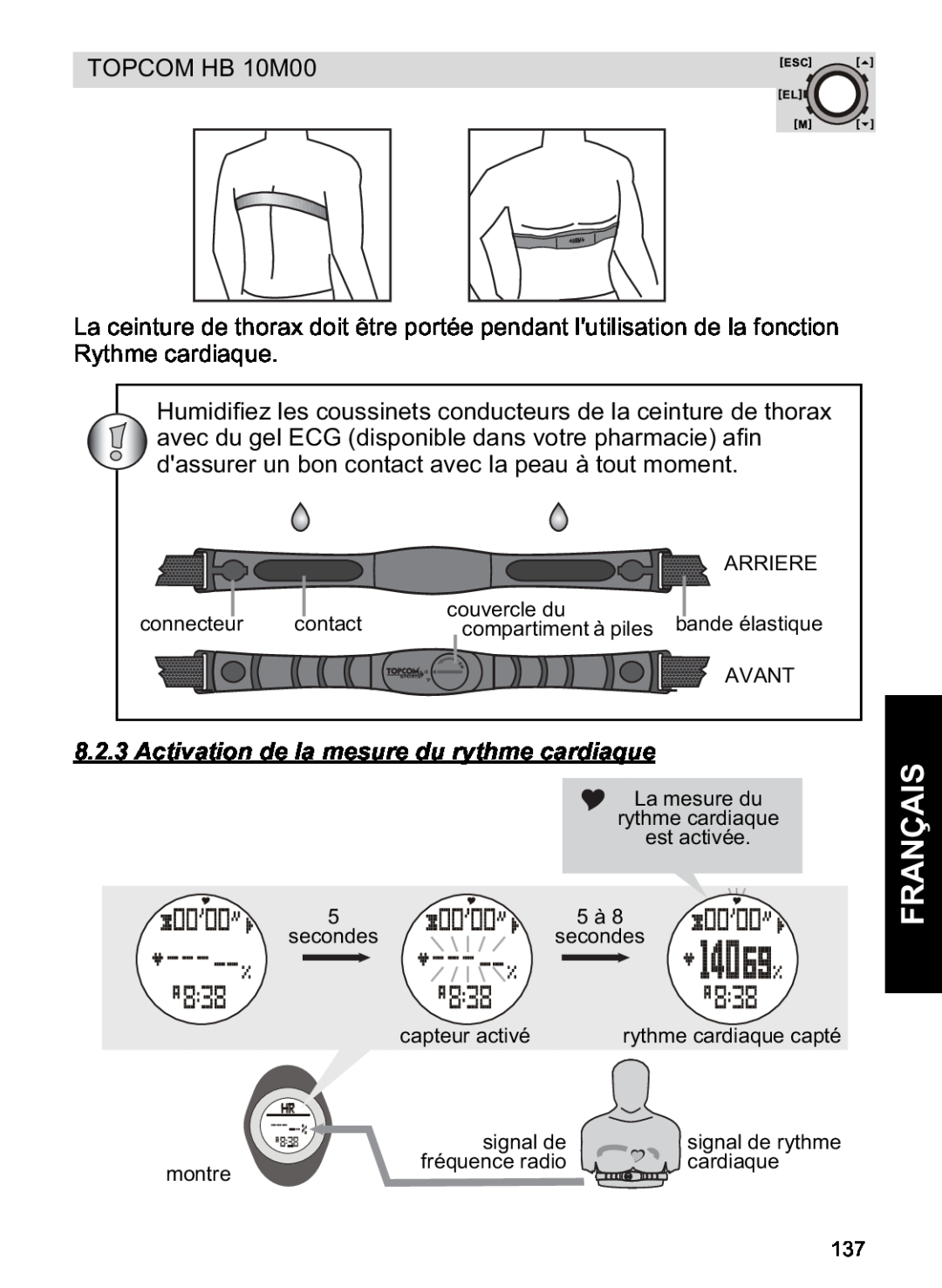 Topcom HB 10M00 manual Activation de la mesure du rythme cardiaque, Français 