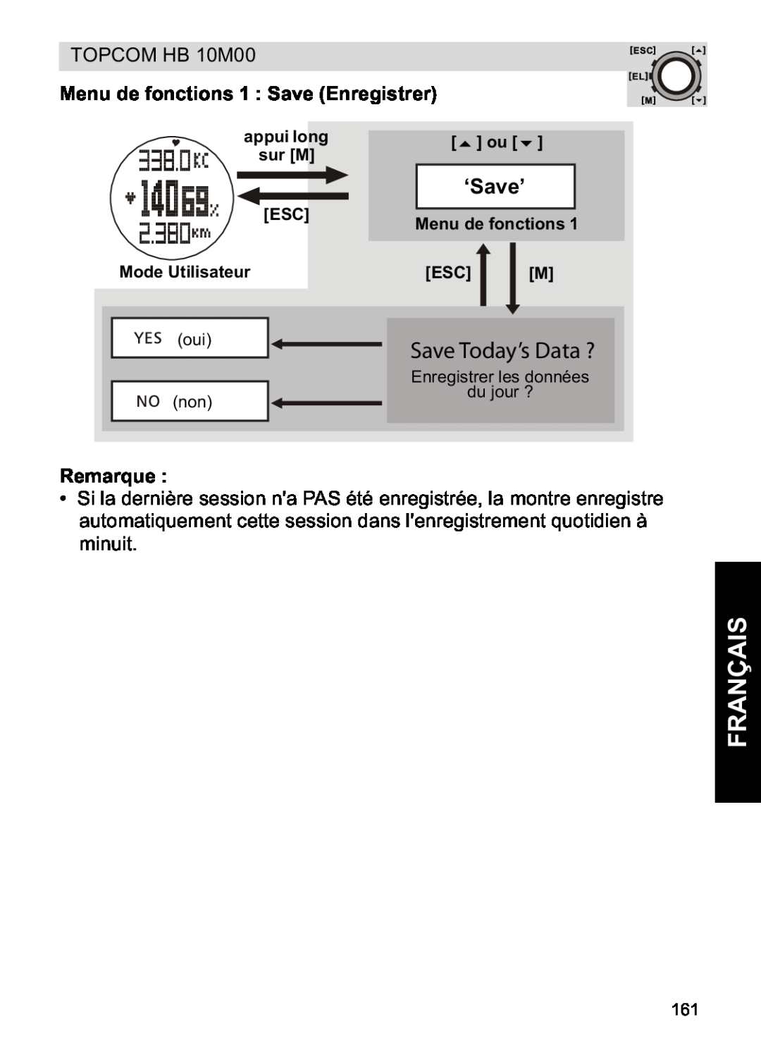 Topcom HB 10M00 manual Français, Save Today’s Data ?, Menu de fonctions 1 Save Enregistrer, ‘Save’, Remarque 