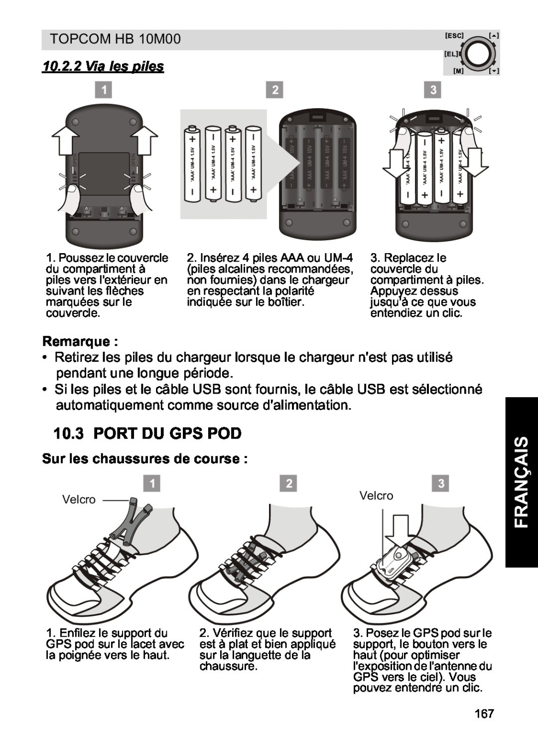 Topcom HB 10M00 manual Port Du Gps Pod, Via les piles, Sur les chaussures de course, Français, Remarque 