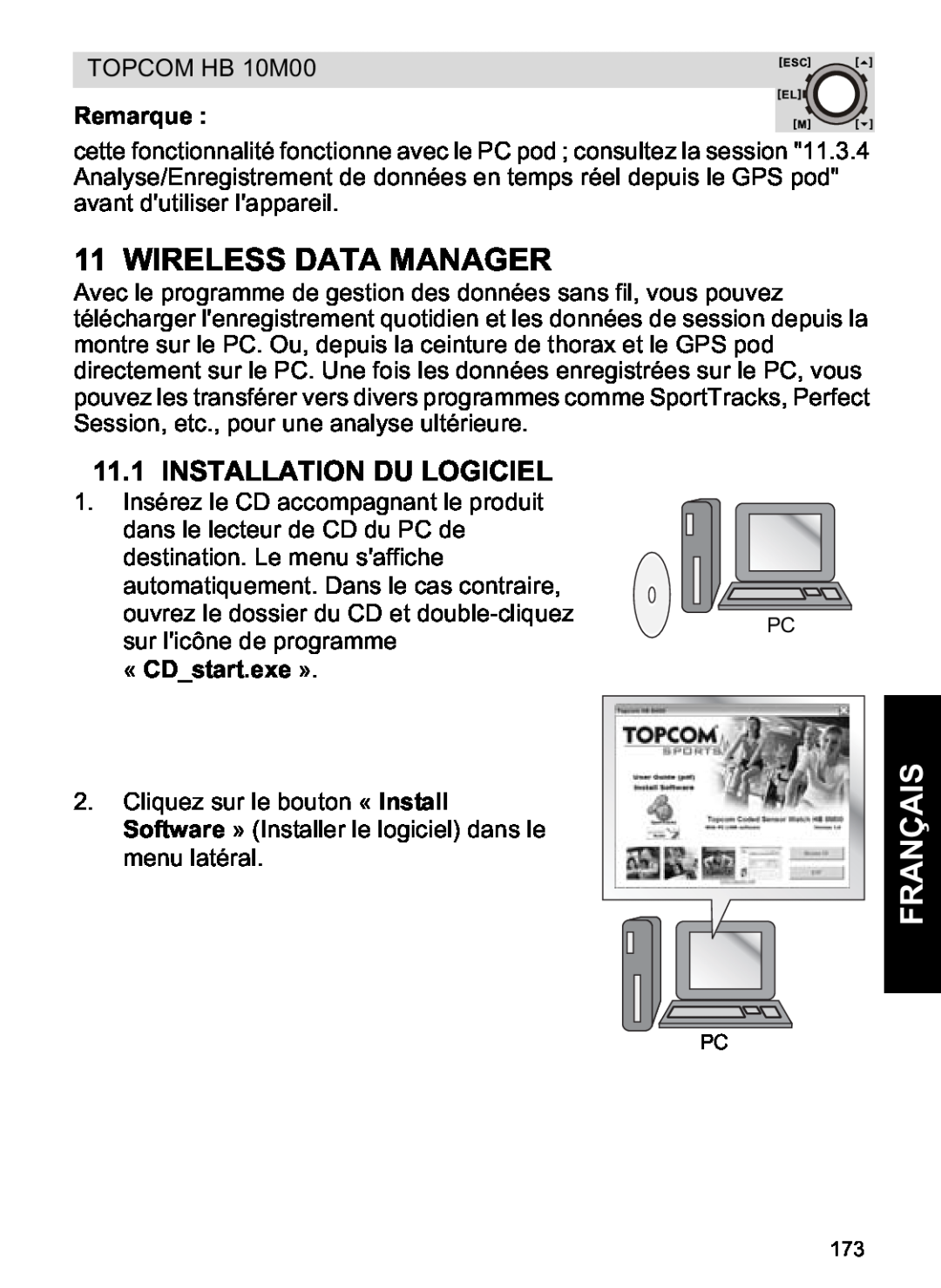 Topcom HB 10M00 manual Installation Du Logiciel, « CDstart.exe », Wireless Data Manager, Français, Remarque 