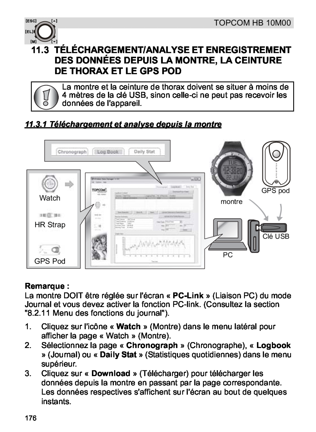 Topcom HB 10M00 manual 11.3.1 Téléchargement et analyse depuis la montre, Watch HR Strap GPS Pod, Remarque 