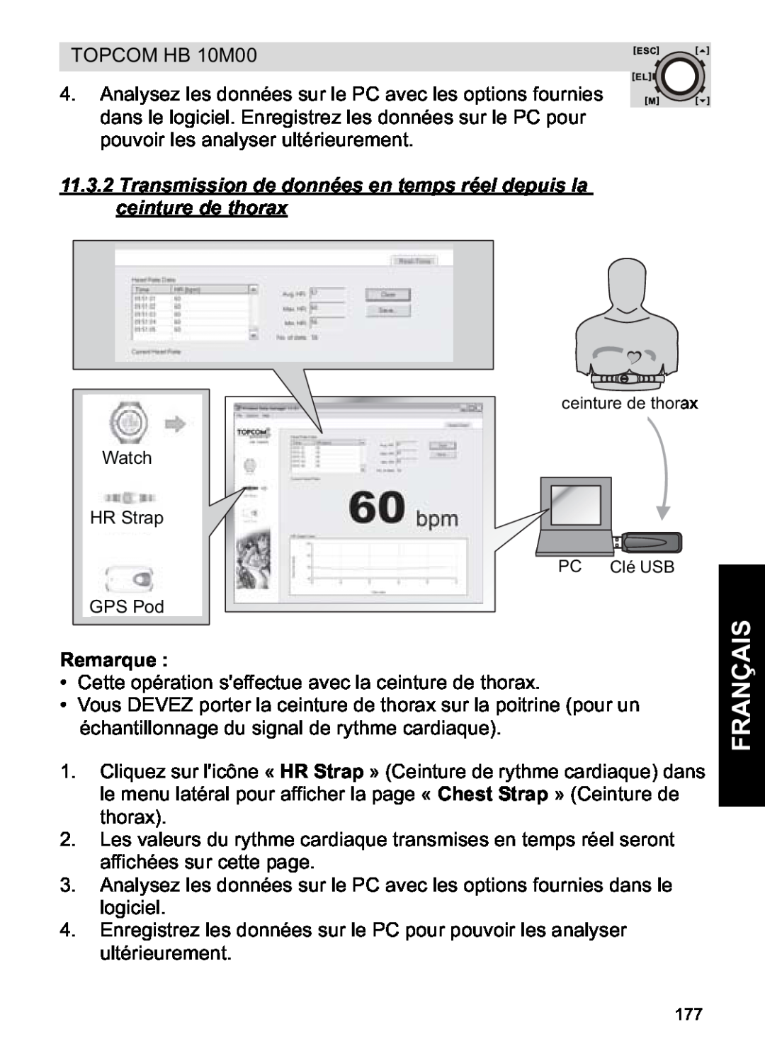 Topcom HB 10M00 manual Français, Remarque, ceinture de thorax, PC Clé USB 