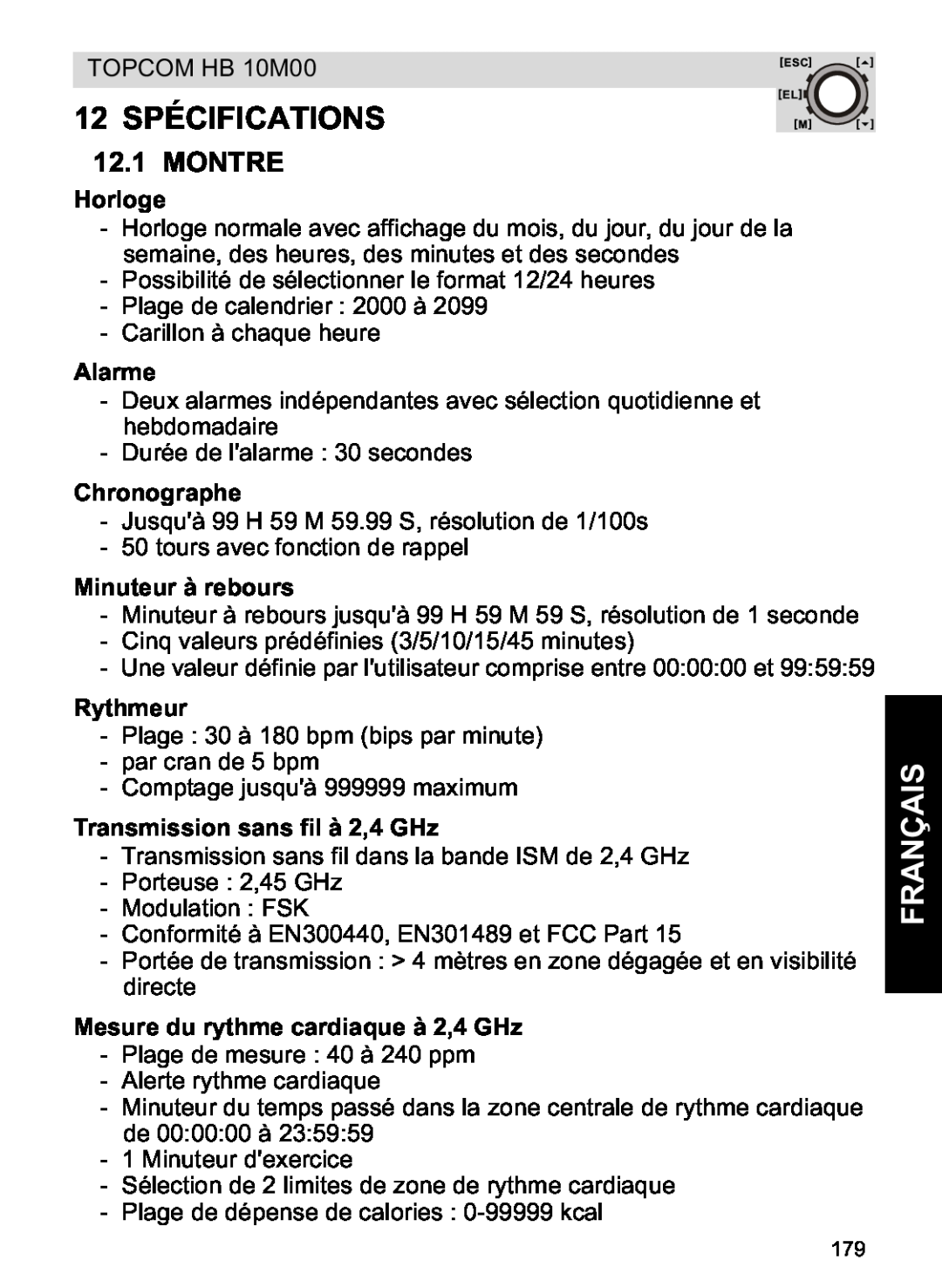 Topcom HB 10M00 manual 12 SPÉCIFICATIONS, Montre, Horloge, Alarme, Chronographe, Minuteur à rebours, Rythmeur, Français 