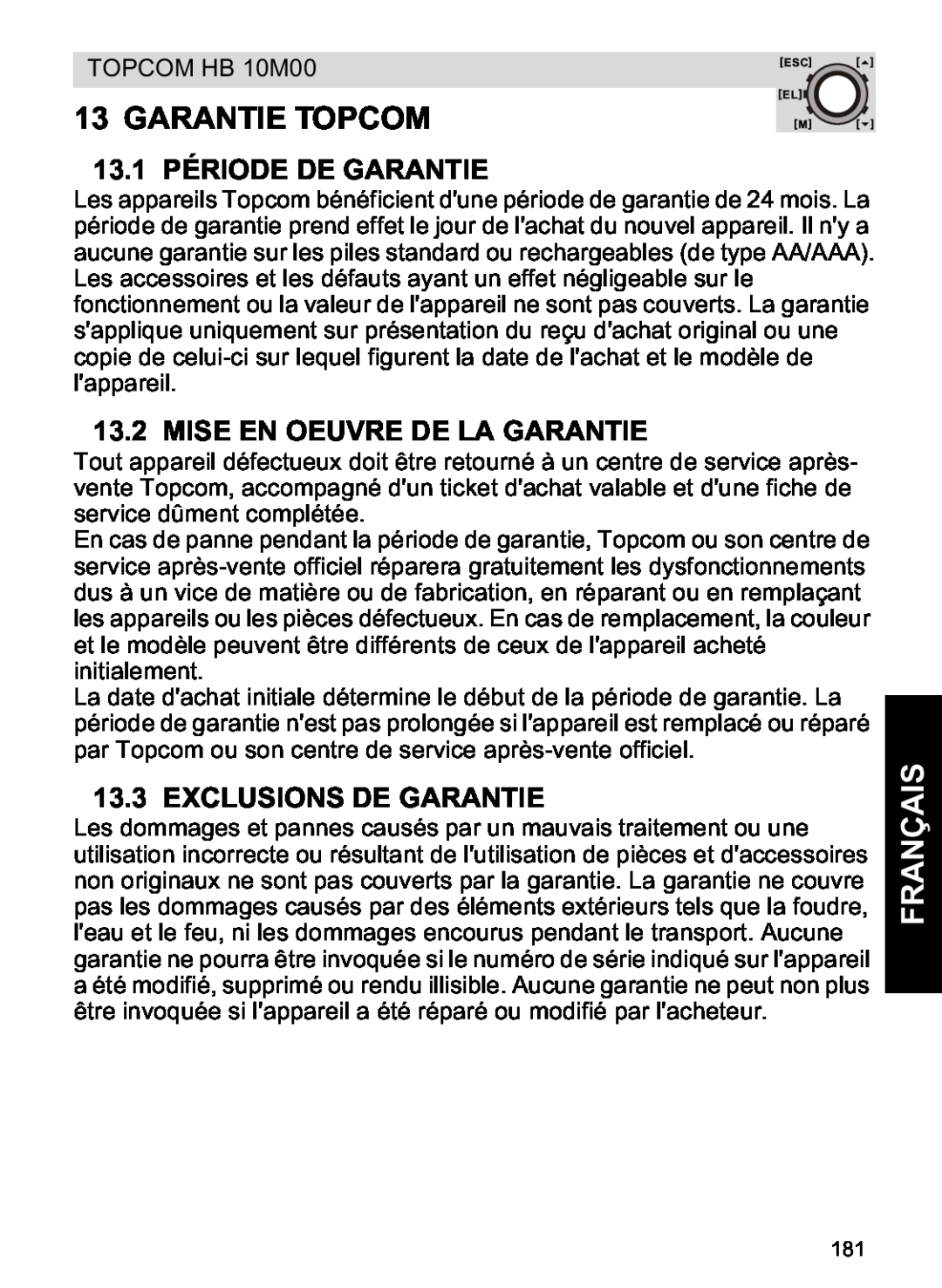 Topcom HB 10M00 Garantie Topcom, 13.1 PÉRIODE DE GARANTIE, Mise En Oeuvre De La Garantie, Exclusions De Garantie, Français 