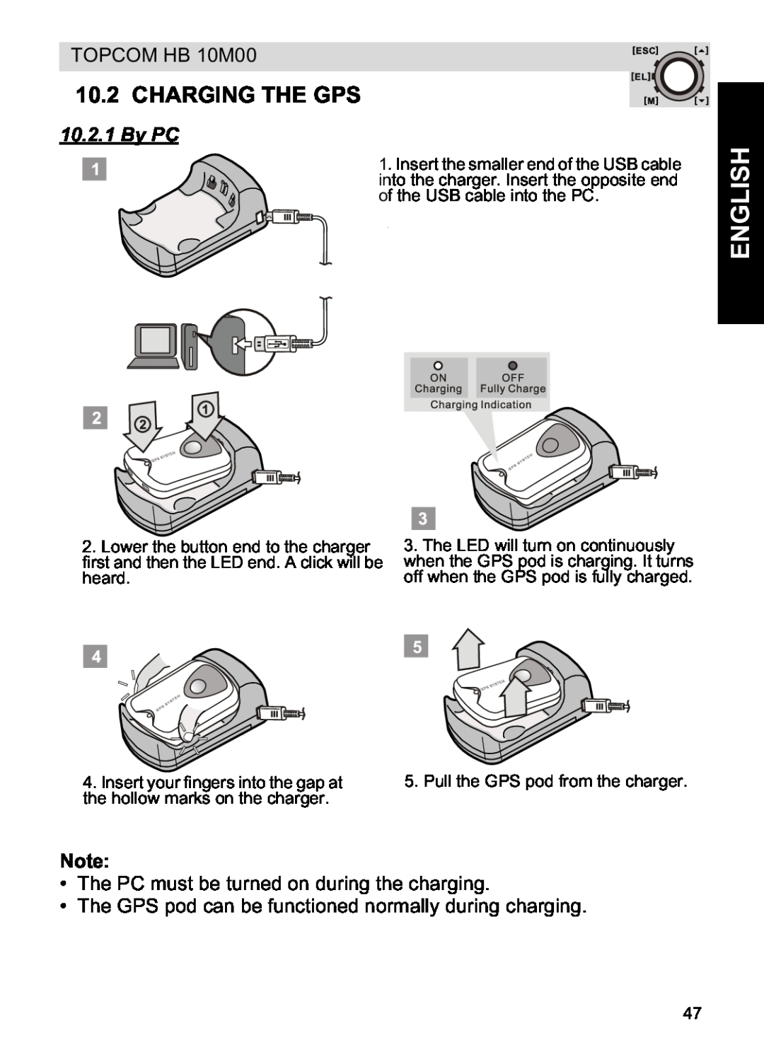 Topcom HB 10M00 manual Charging The Gps, By PC, English 