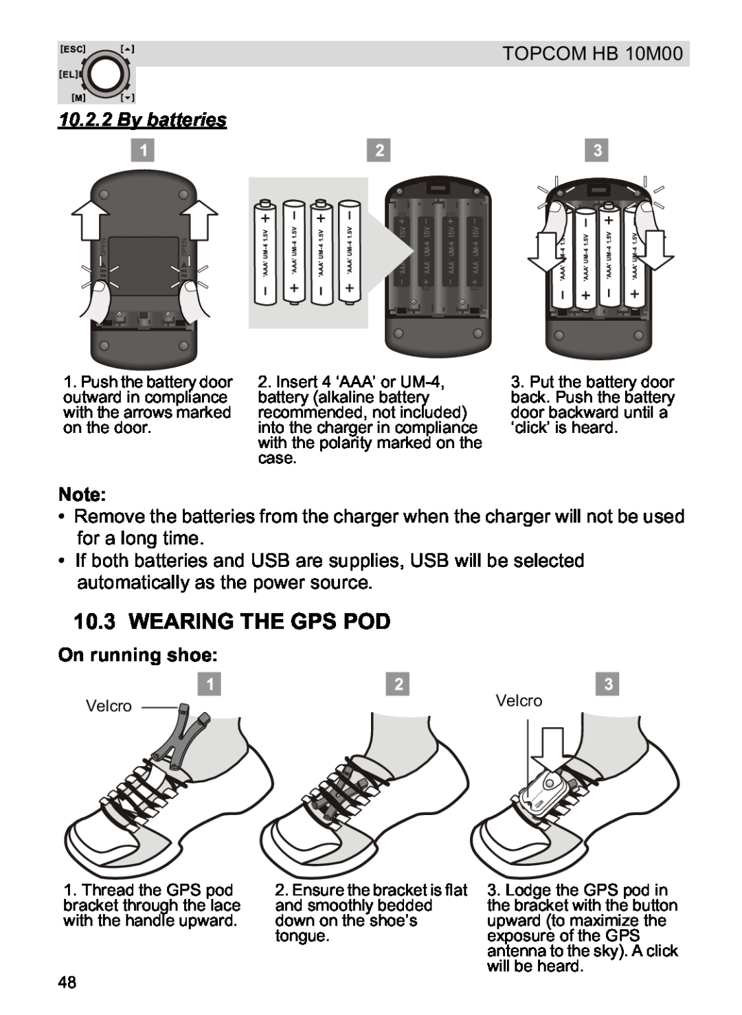 Topcom HB 10M00 manual Wearing The Gps Pod, By batteries, On running shoe 
