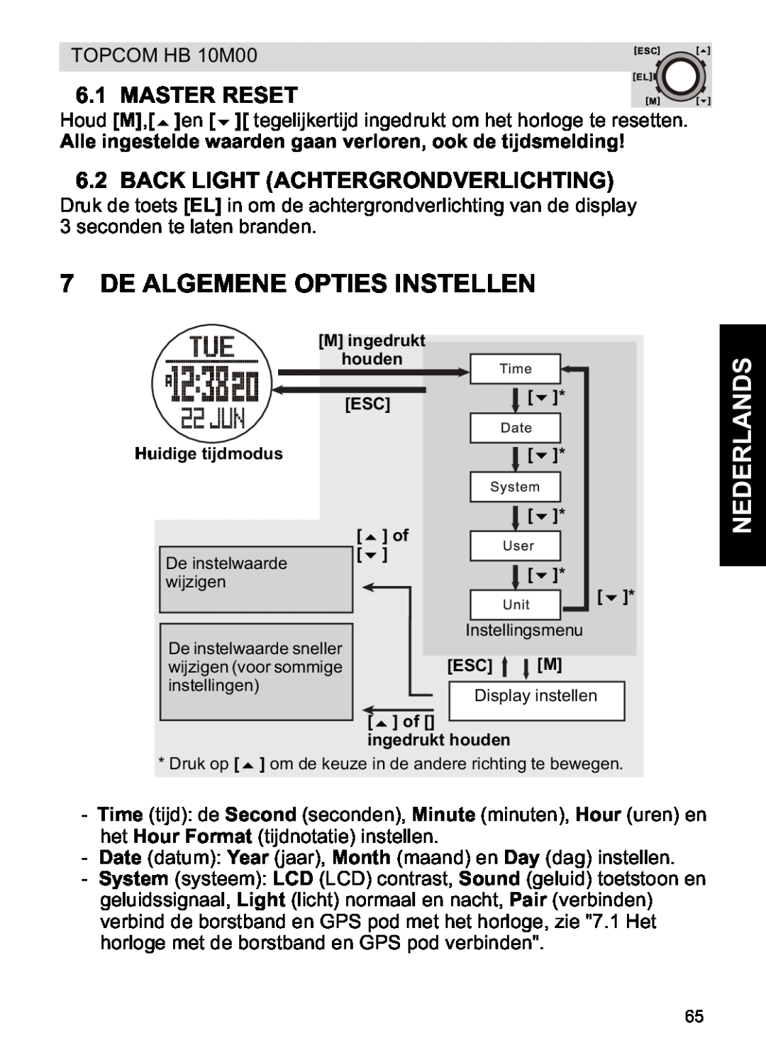 Topcom HB 10M00 manual De Algemene Opties Instellen, Back Light Achtergrondverlichting, Master Reset, Nederlands 