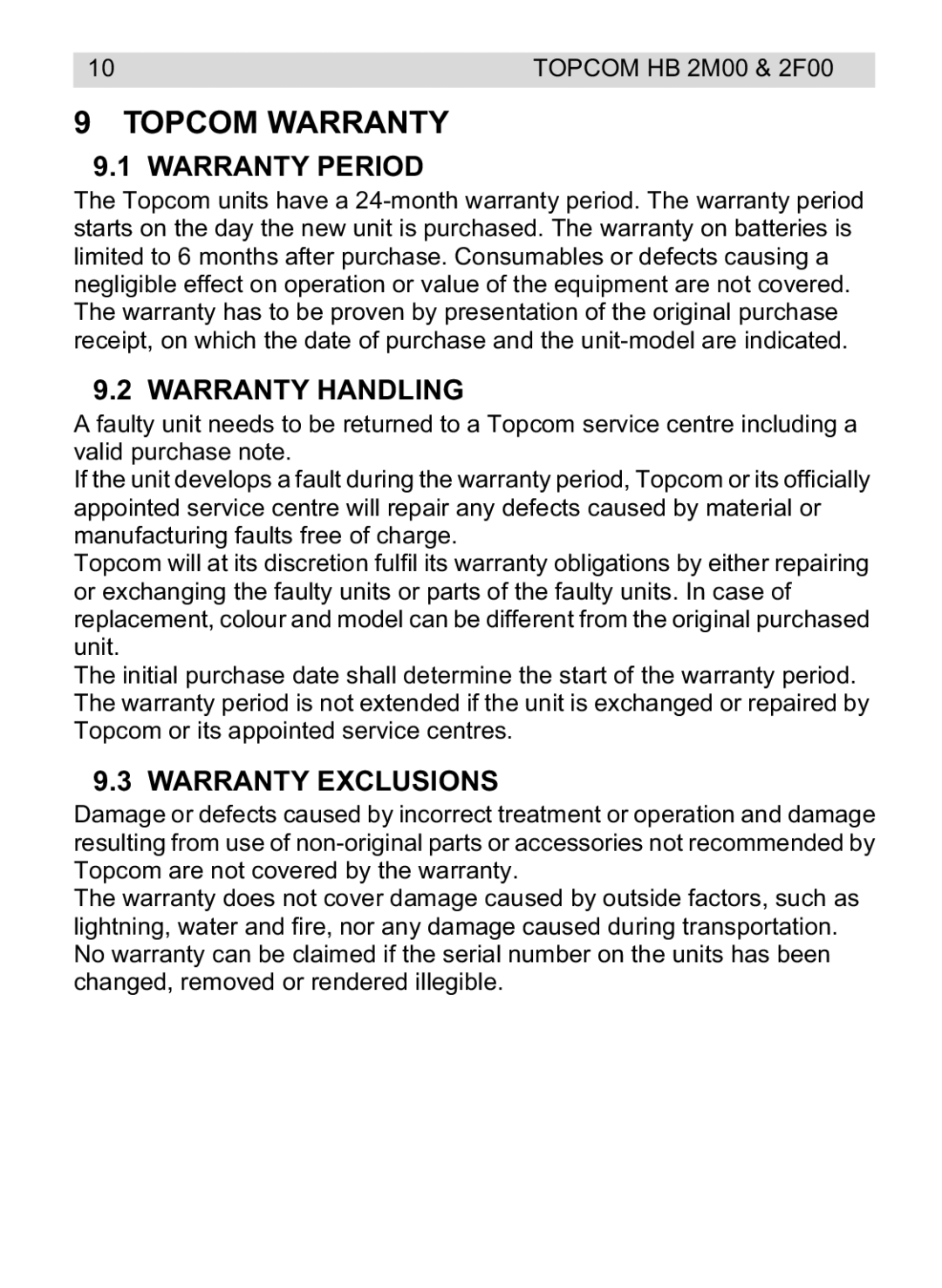 Topcom HB 2M00 manual do utilizador Topcom Warranty, Warranty Period, Warranty Handling, Warranty Exclusions 