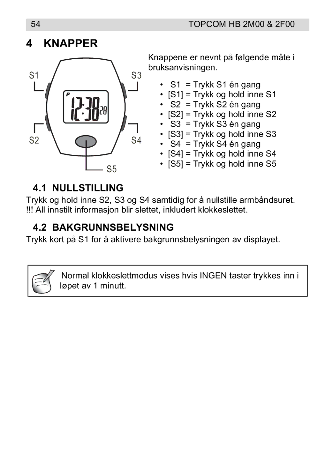 Topcom HB 2M00 manual do utilizador Nullstilling, Bakgrunnsbelysning 