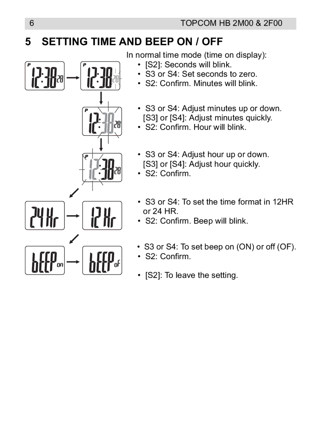 Topcom HB 2M00 manual do utilizador Setting Time and Beep on / OFF 