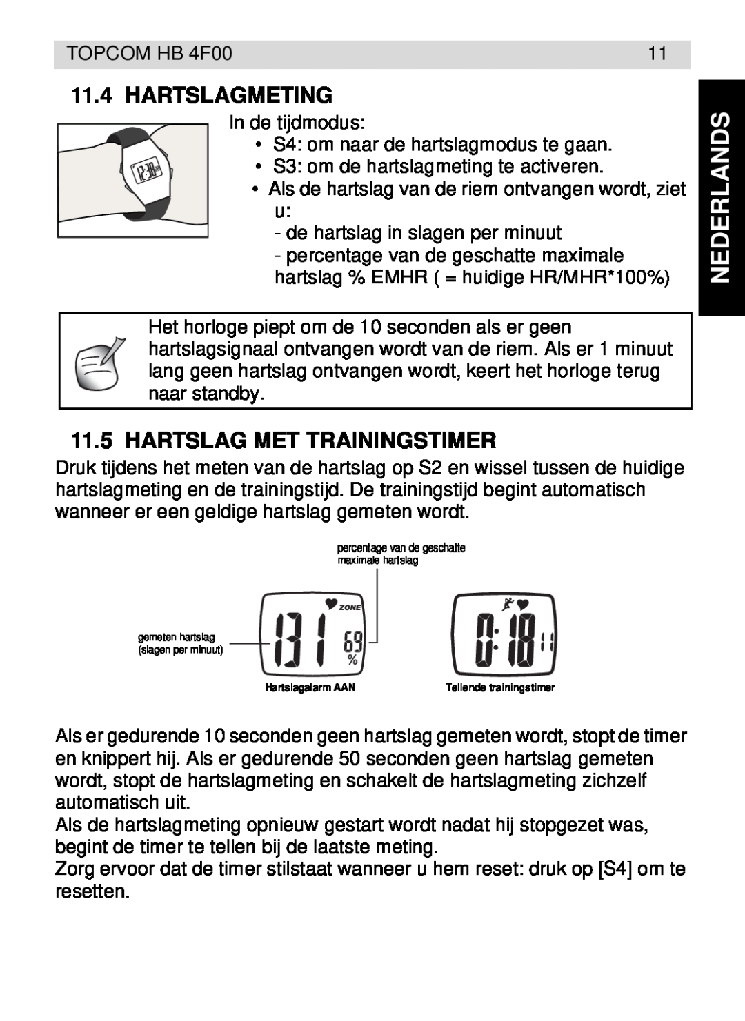Topcom HB 4F00 manual Hartslagmeting, Hartslag Met Trainingstimer, Nederlands, percentage van de geschatte 