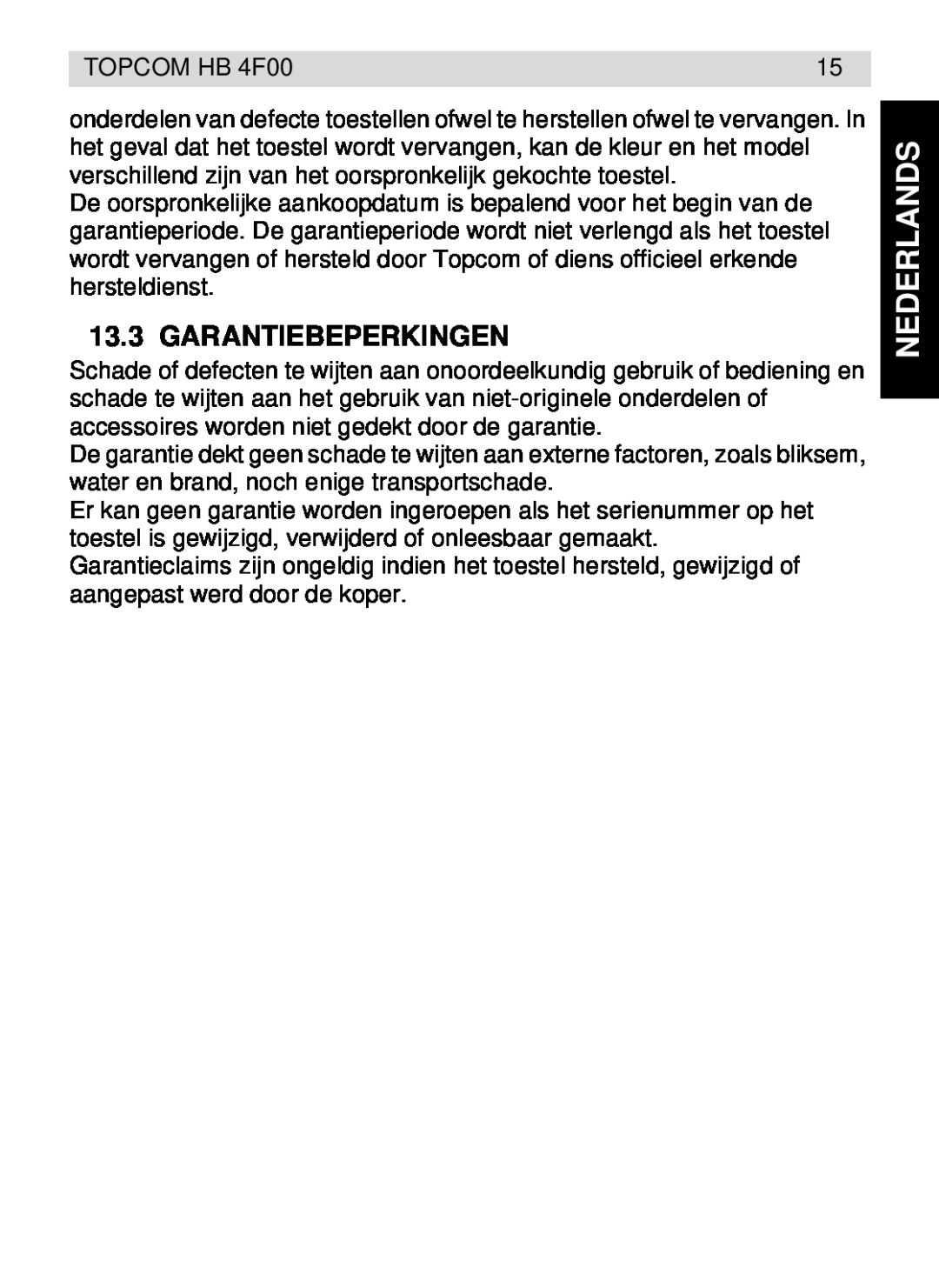 Topcom HB 4F00 manual Garantiebeperkingen, Nederlands 