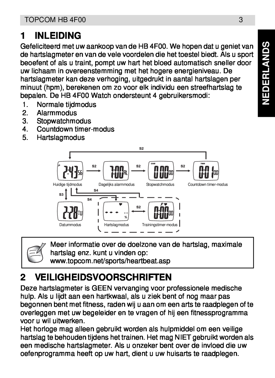 Topcom HB 4F00 manual Inleiding, Nederlands, Veiligheidsvoorschriften 