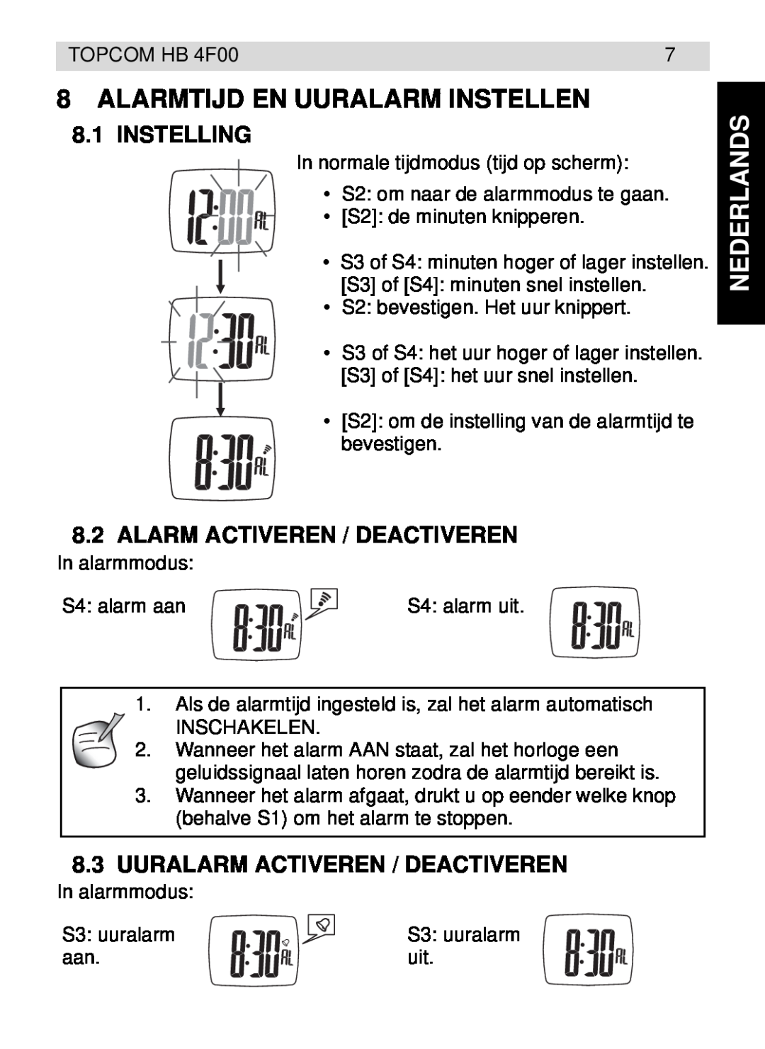 Topcom HB 4F00 manual Alarmtijd En Uuralarm Instellen, Instelling, Alarm Activeren / Deactiveren, Nederlands 